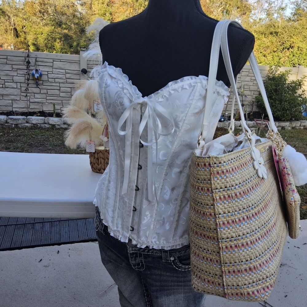 Betsey Johnson Multicolor Woven Tote with Floral Accents - Picture 4 of 7